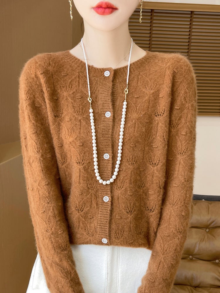 First-Line Ready-To-Wear 100% Pure Wool Jacquard Cut Out Cardigan For Women In , Slimming Look, Warm And Non-Piercing Seamless Sweater - Image 5